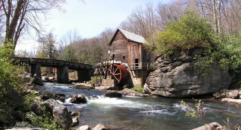 Wooden Mill by River — Brown, Serene, Spring, Photograph, Bridge