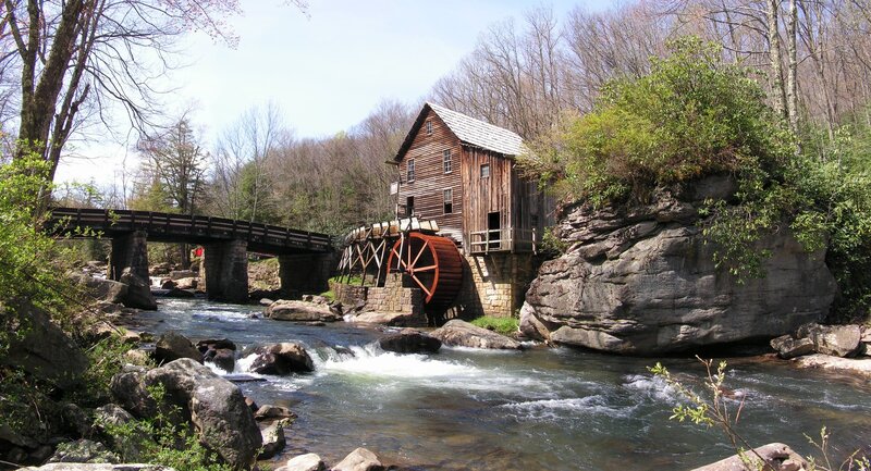 Wooden Mill by River — Brown, Serene, Spring, Photograph