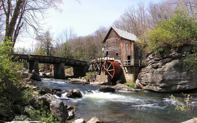Wooden Mill by River — Brown, Serene, Spring