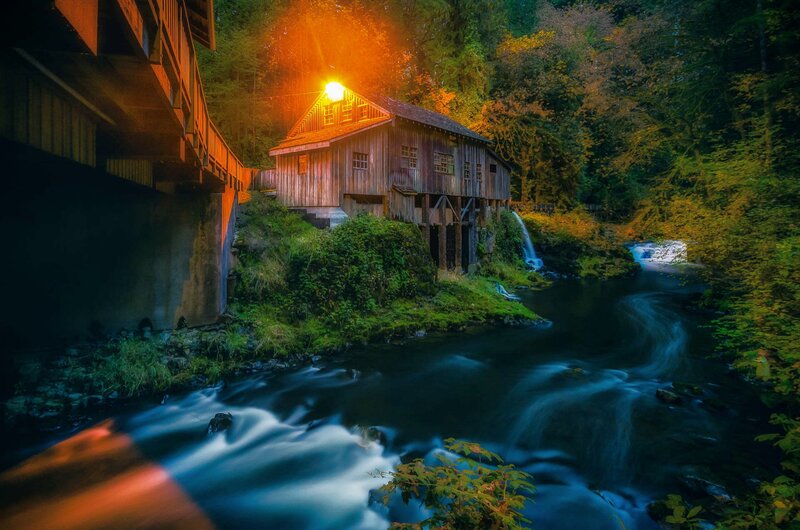 Wooden Mill by River — Green, Dramatic