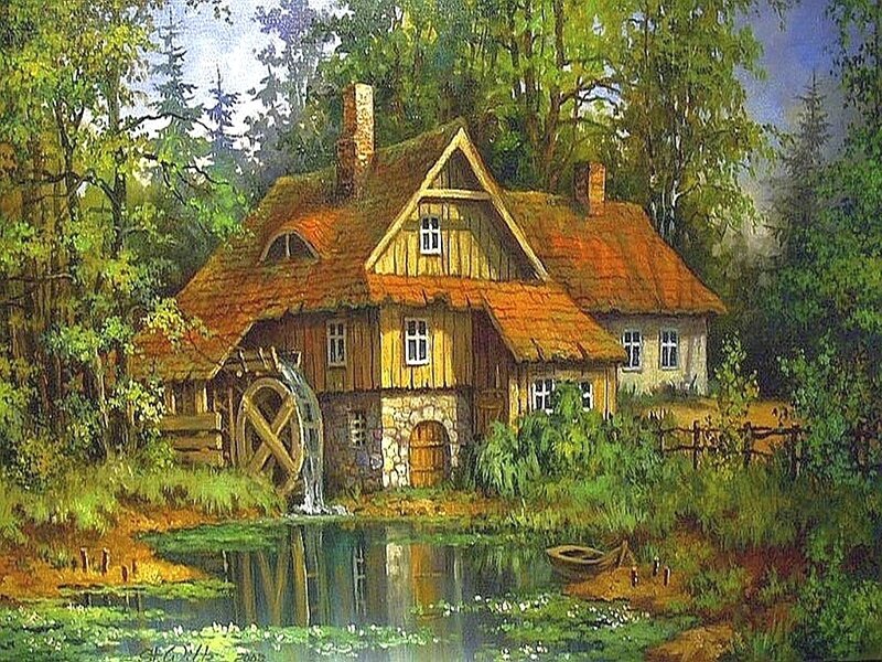Wooden Mill by River — Green, Serene, Afternoon, Painting, Trees, Boat