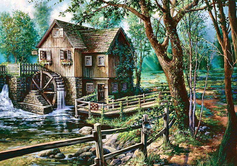 Wooden Mill by River — Green, Serene, Afternoon, Painting, Trees, Bridge