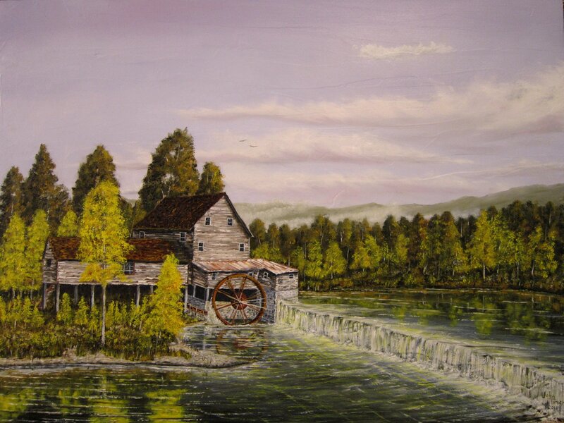 Wooden Mill by River — Green, Serene, Afternoon, Painting, Trees