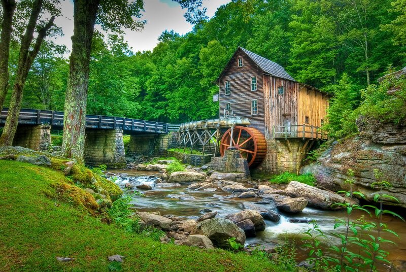 Wooden Mill by River — Green, Serene, Afternoon, Photograph, Bridge