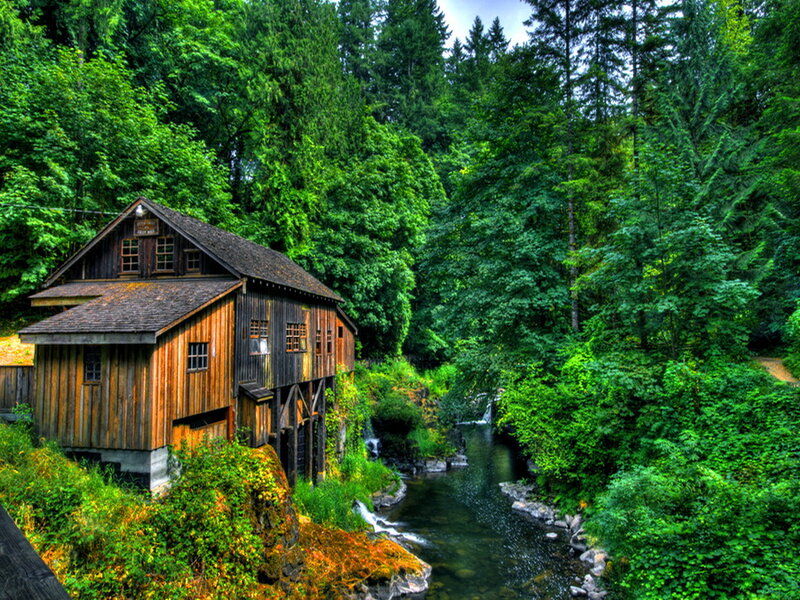 Wooden Mill by River — Green, Serene, Afternoon, Photograph, Forest