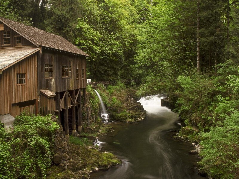Wooden Mill by River — Green, Serene, Afternoon, Photograph, Forest, Waterfall, Bridge
