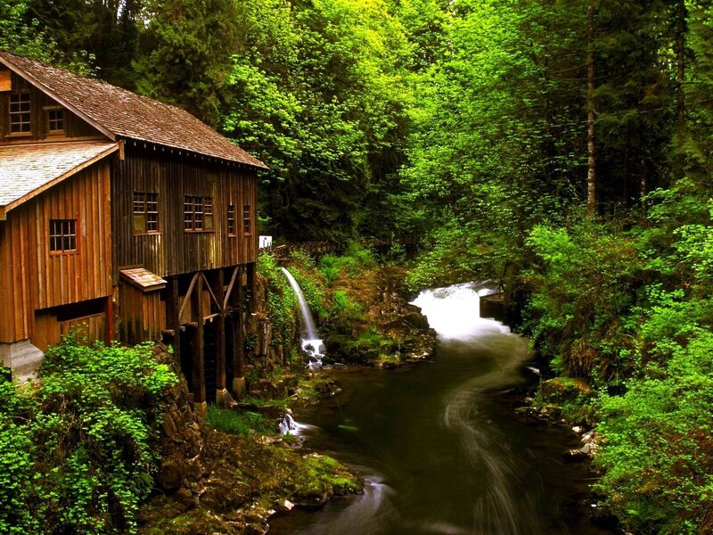 Wooden Mill by River — Green, Serene, Afternoon, Photograph, Forest, Waterfall