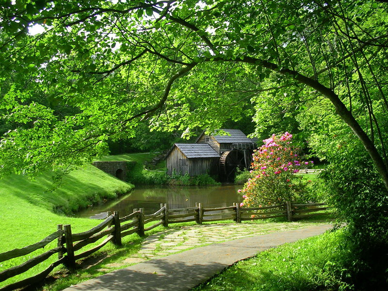 Wooden Mill by River — Green, Serene, Afternoon, Photograph, Trees