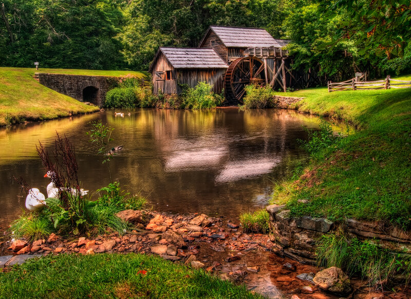 Wooden Mill by River — Green, Serene, Afternoon