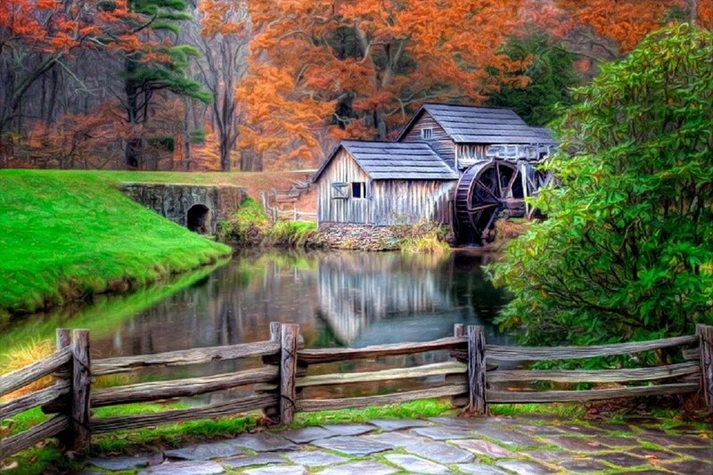 Wooden Mill by River — Green, Serene, Autumn, Digital Art