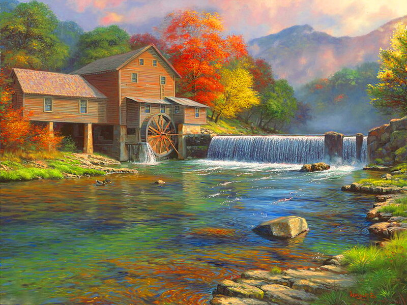 Wooden Mill by River — Green, Serene, Autumn, Painting