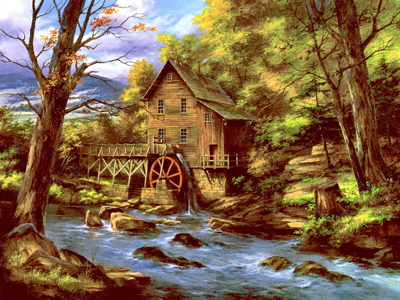 Wooden Mill by River — Green, Serene, Autumn, Painting, Trees