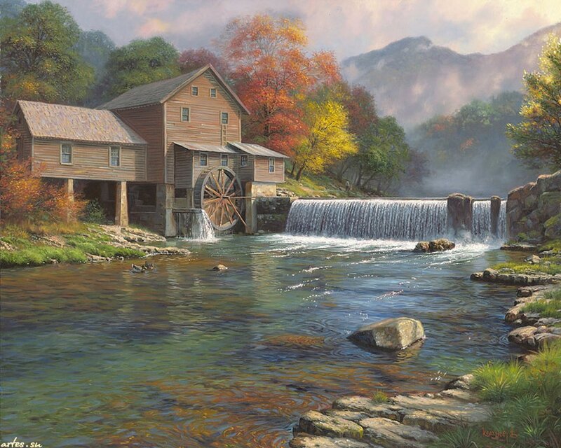 Wooden Mill by River — Green, Serene, Autumn, Painting, Waterfall