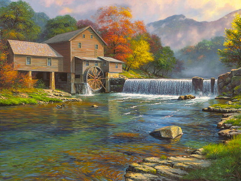 Wooden Mill by River — Green, Serene, Autumn, Painting, Waterfall, Trees