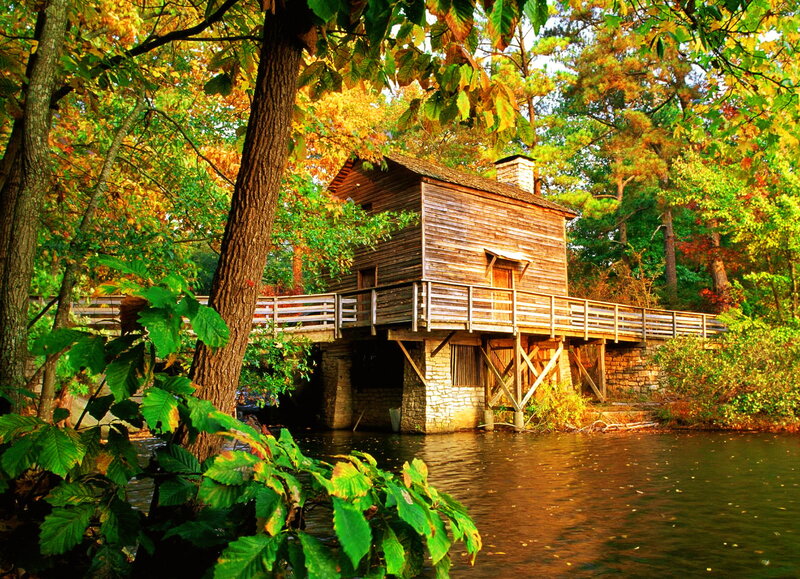 Wooden Mill by River — Green, Serene, Autumn, Photograph, Trees