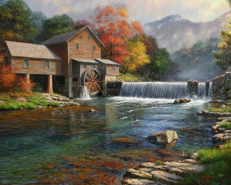 Wooden Mill by River — Green, Serene, Autumn