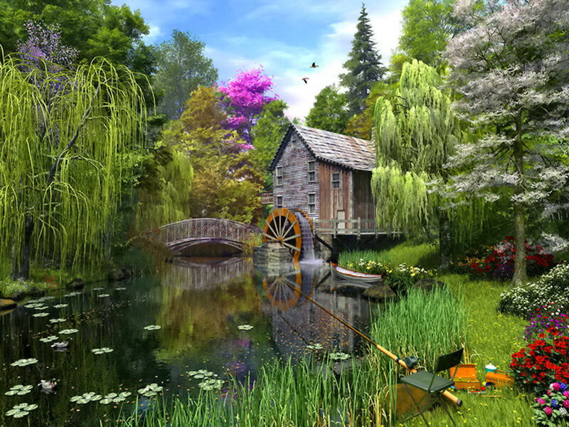 Wooden Mill by River — Green, Serene, Spring, Digital Art