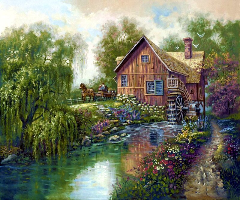 Wooden Mill by River — Green, Serene, Spring, Painting