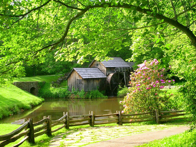 Wooden Mill by River — Green, Serene, Spring, Photograph