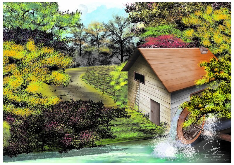Wooden Mill by River — Green, Serene
