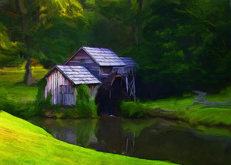 Wooden Mill by River — Green