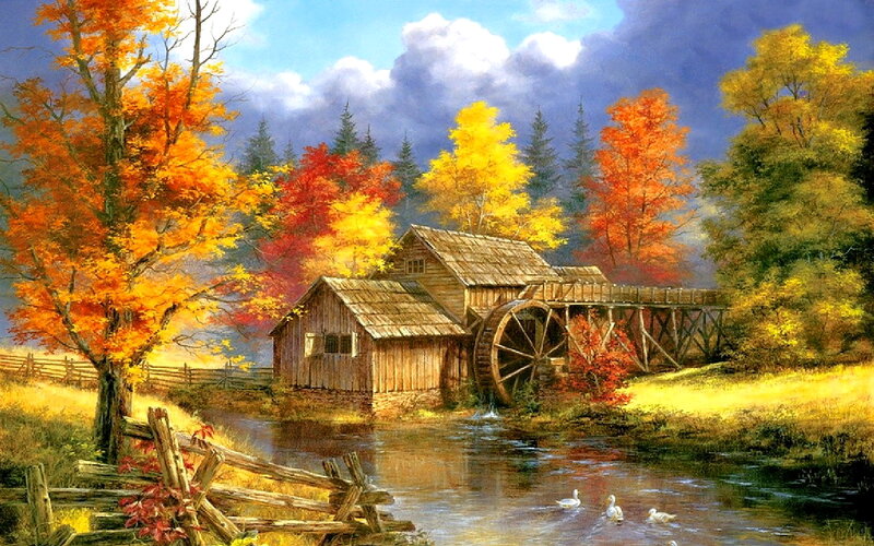 Wooden Mill by River — Orange, Serene, Autumn, Painting