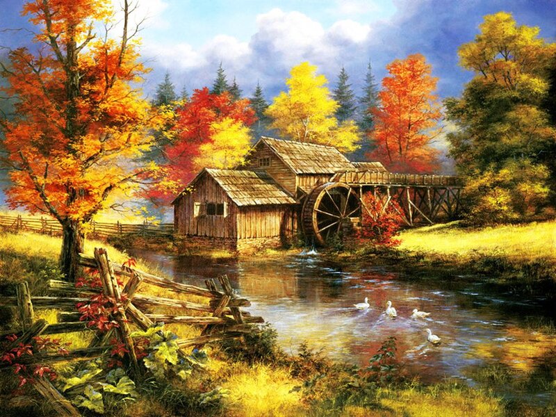 Wooden Mill by River — Orange, Serene, Autumn, Painting, Trees