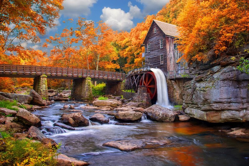 Wooden Mill by River — Orange, Serene, Autumn, Photograph, Bridge