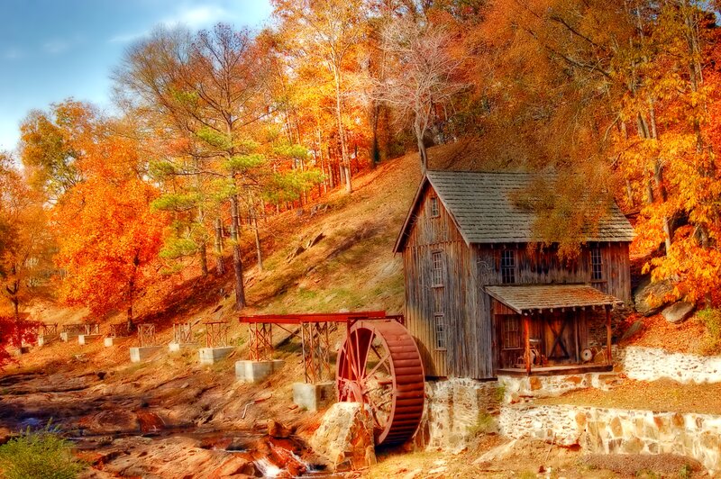 Wooden Mill by River — Orange, Serene, Autumn, Photograph