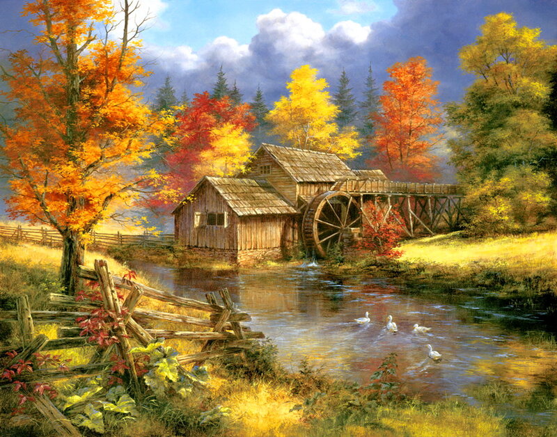 Wooden Mill by River — Orange, Serene, Autumn