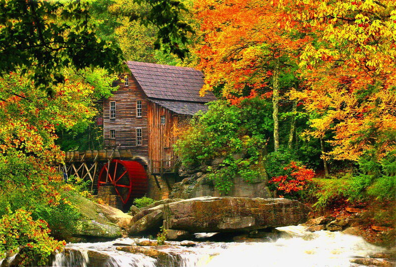 Wooden Mill by River — Orange, Serene
