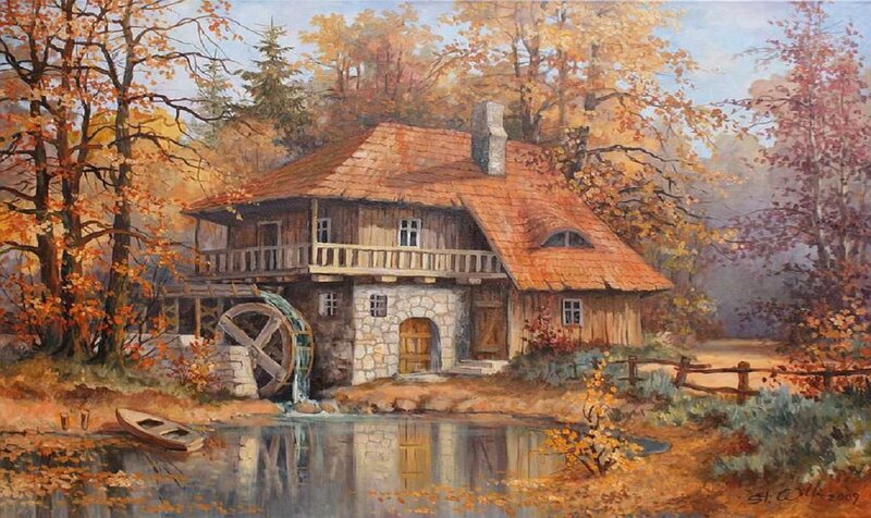Wooden Mill by River — Orange