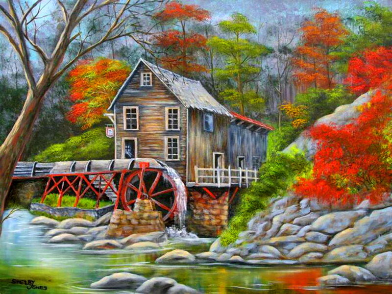 Wooden Mill by River — Red, Serene, Autumn, Painting