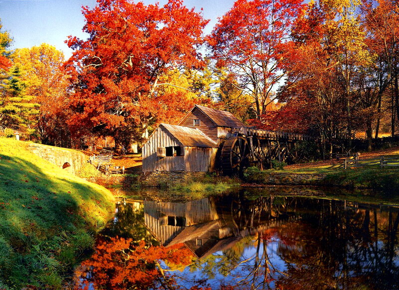 Wooden Mill by River — Red, Serene, Autumn