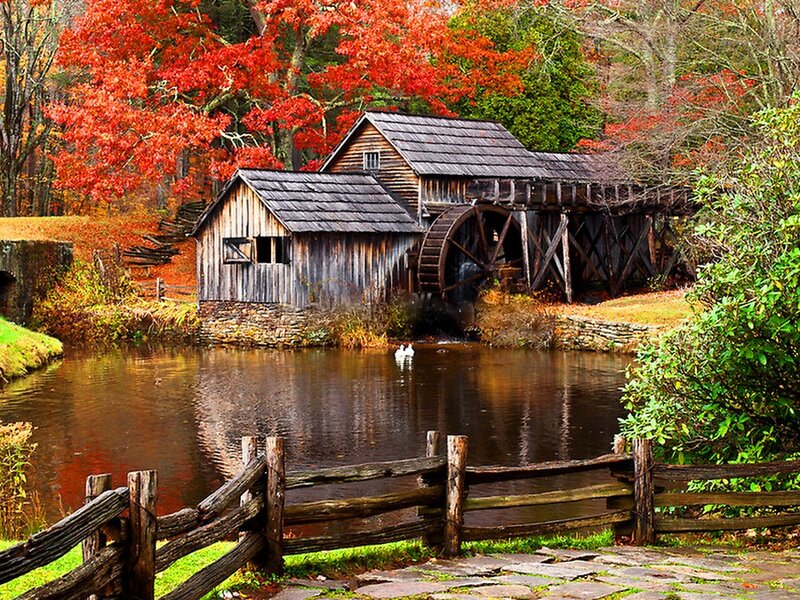 Wooden Mill by River — Red, Serene