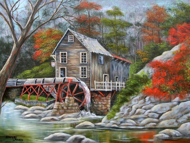 Wooden Mill by River — Red