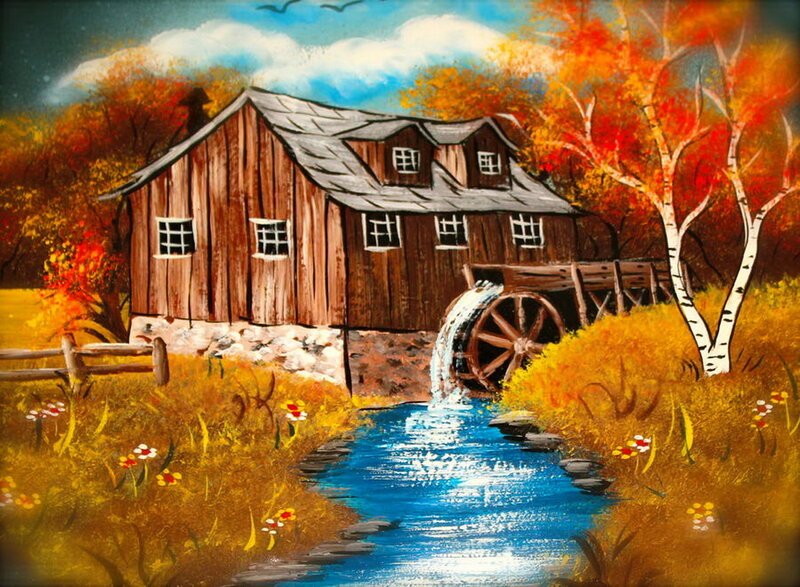 Wooden Mill by Stream — Blue