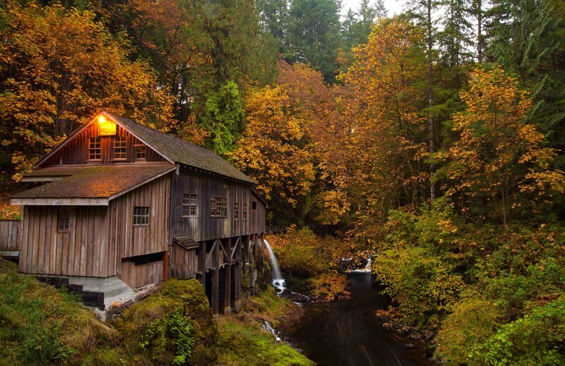 Wooden Mill by Stream — Brown, Serene, Autumn