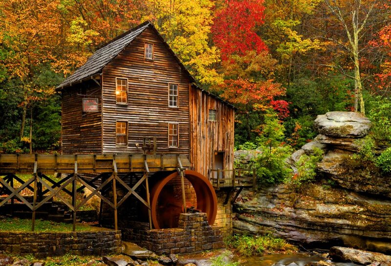 Wooden Mill by Stream — Brown, Serene