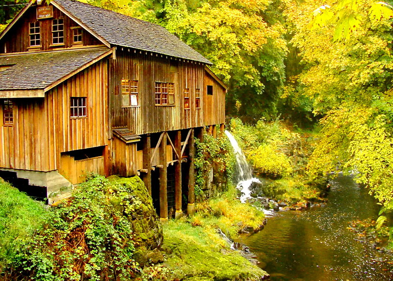 Wooden Mill by Stream — Brown