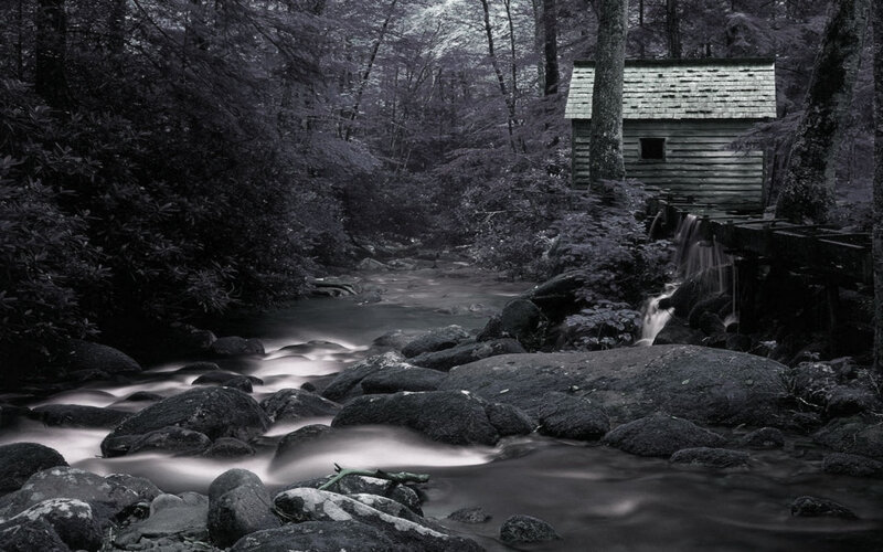 Wooden Mill by Stream — Gray