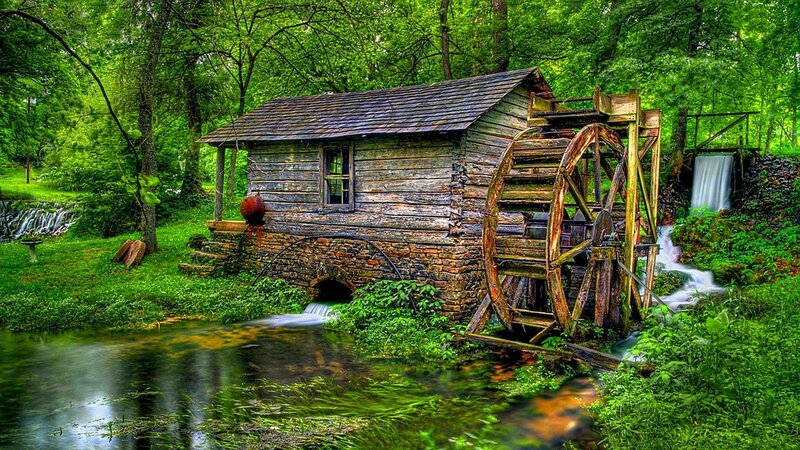 Wooden Mill by Stream — Green, Serene, Afternoon, Photograph