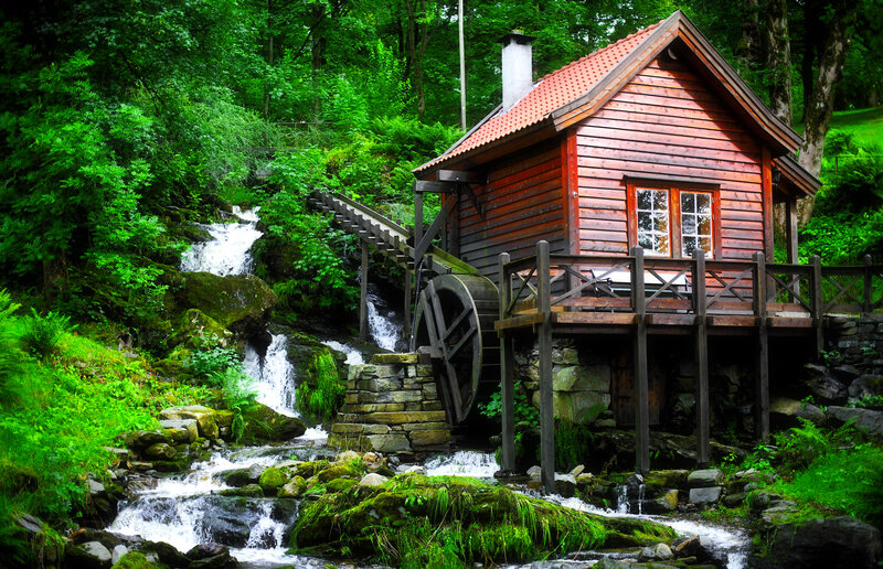 Wooden Mill by Stream — Green, Serene, Afternoon, Photograph, Trees