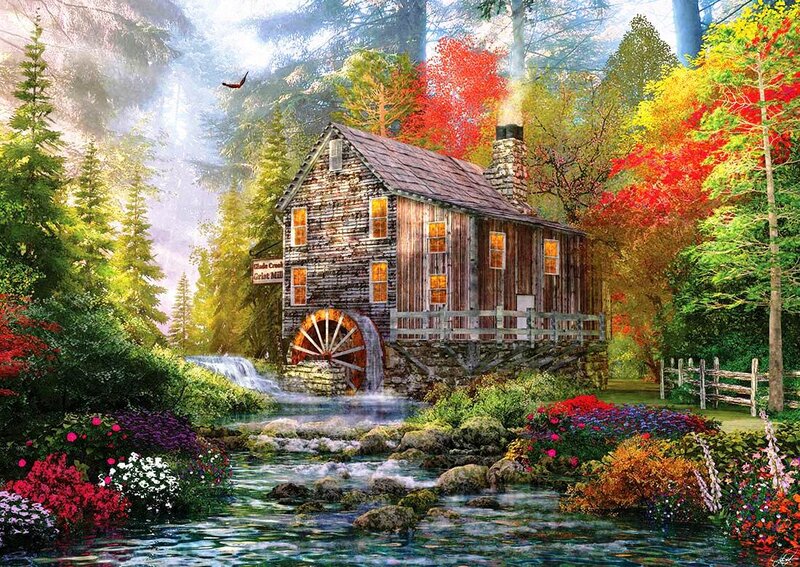 Wooden Mill by Stream — Green, Serene, Autumn, Digital Art, River