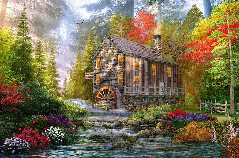 Wooden Mill by Stream — Green, Serene, Autumn, Digital Art, River, Trees
