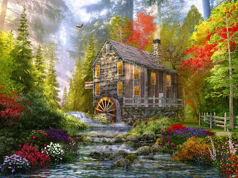 Wooden Mill by Stream — Green, Serene, Autumn, Digital Art