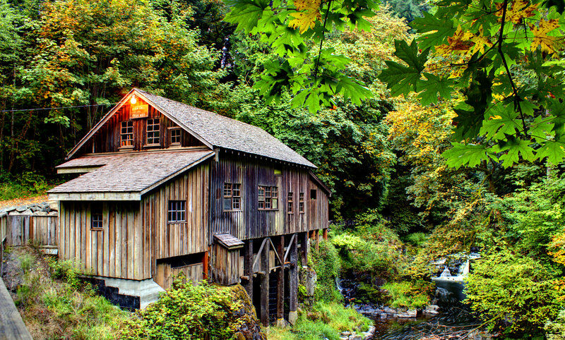 Wooden Mill by Stream — Green, Serene, Autumn, Photograph, Trees
