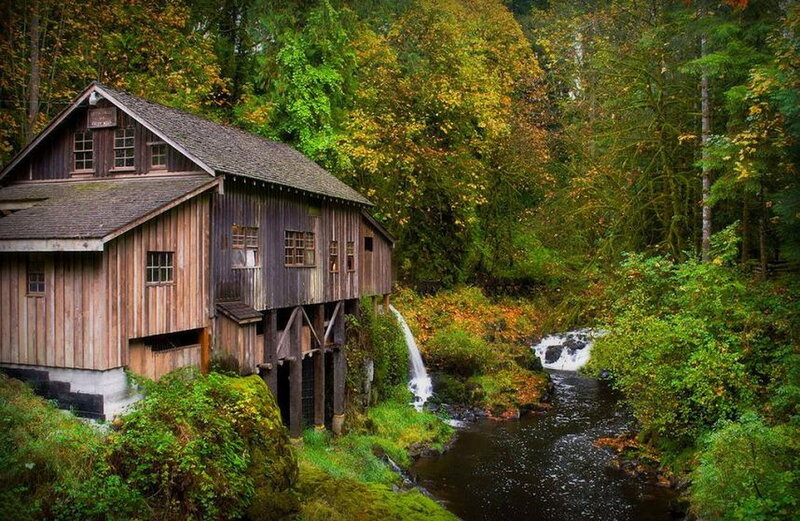 Wooden Mill by Stream — Green, Serene, Autumn