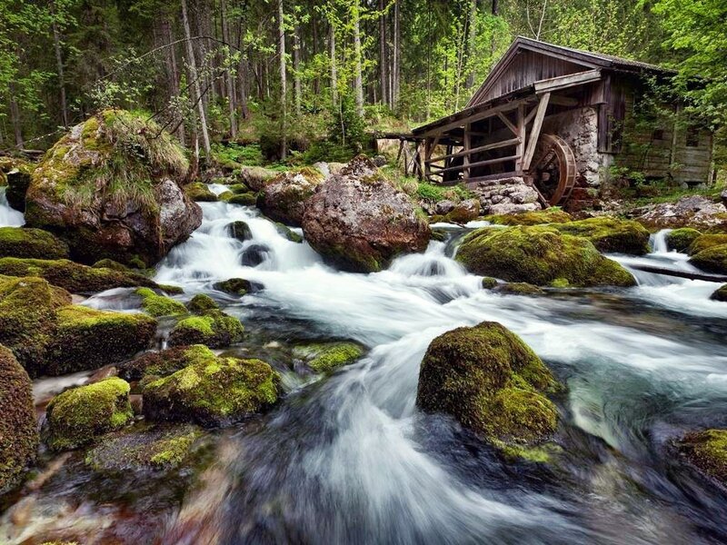 Wooden Mill by Stream — Green, Serene, Summer