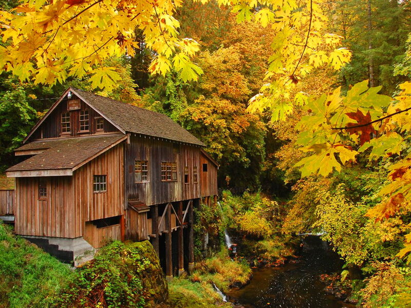 Wooden Mill by Stream — Yellow
